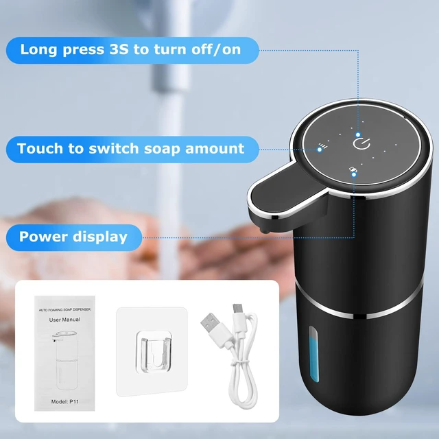 Alt view image 3 of 7 - 2 Pack Automatic Soap Dispensers,12.8oz/380ml USB Touchless Automatic Foaming Soap Dispenser,Rechargeabled Wall Mounted Smart Soap Dispenser for Bathroom Kitchen Dish Soap(Black)