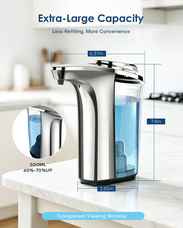 Alt view image 2 of 7 - Automatic Soap Dispenser,17oz/500ml Touchless Dish Soap Dispenser | Metallic Finish,With Infrared Sensor, 5 Adjustable Soap Levels, Battery Operated, Perfect For Kitchen Bathroom Countertop