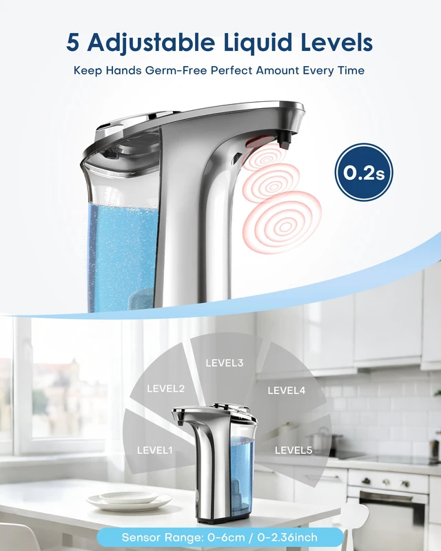Alt view image 4 of 7 - Automatic Soap Dispenser,17oz/500ml Touchless Dish Soap Dispenser | Metallic Finish,With Infrared Sensor, 5 Adjustable Soap Levels, Battery Operated, Perfect For Kitchen Bathroom Countertop