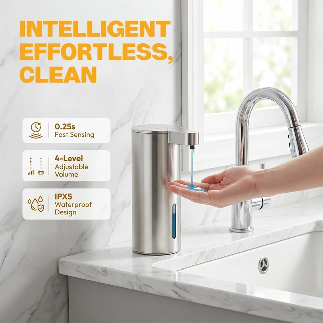 Alt view image 2 of 7 - Automatic Soap Dispenser Touchless - No-Clog Stainless SteelSoap Dispenser, IPX5 Waterproof, Adjustable Volume, 0.2s FastSensor, Multi-Liquid Compatible, for Kitchen & BathroomStainless Steel
