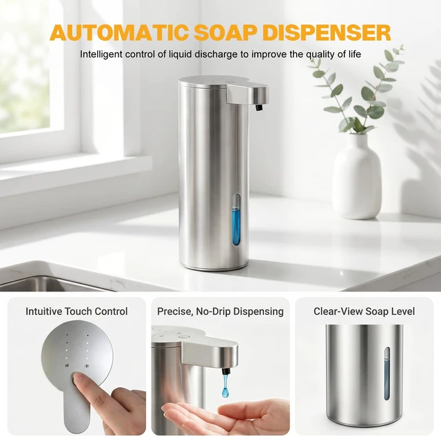 Alt view image 4 of 7 - Automatic Soap Dispenser Touchless - No-Clog Stainless SteelSoap Dispenser, IPX5 Waterproof, Adjustable Volume, 0.2s FastSensor, Multi-Liquid Compatible, for Kitchen & BathroomStainless Steel