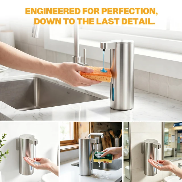 Alt view image 6 of 7 - Automatic Soap Dispenser Touchless - No-Clog Stainless SteelSoap Dispenser, IPX5 Waterproof, Adjustable Volume, 0.2s FastSensor, Multi-Liquid Compatible, for Kitchen & BathroomStainless Steel