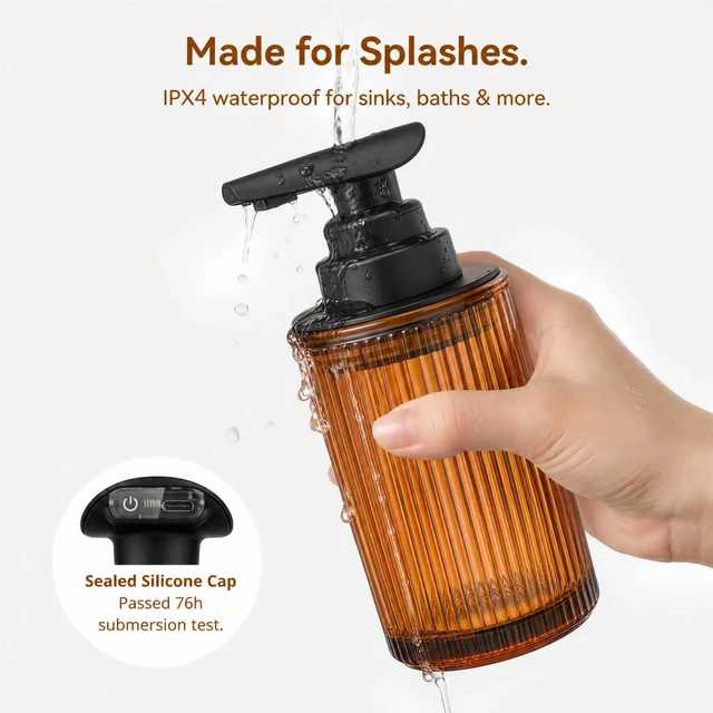 Alt view image 2 of 7 - Automatic Touchless Liquid Soap Dispenser Amber Glass | Rechargeable Type C with Matte Black Pump for Hand and Dish Soap 12 oz Kitchen and Bathroom Countertop