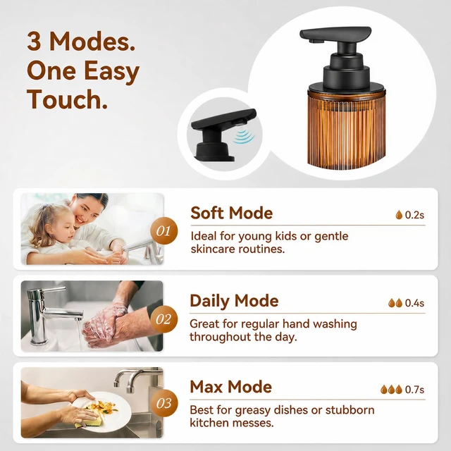 Alt view image 3 of 7 - Automatic Touchless Liquid Soap Dispenser Amber Glass | Rechargeable Type C with Matte Black Pump for Hand and Dish Soap 12 oz Kitchen and Bathroom Countertop