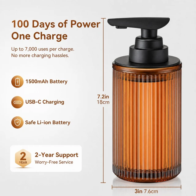 Alt view image 5 of 7 - Automatic Touchless Liquid Soap Dispenser Amber Glass | Rechargeable Type C with Matte Black Pump for Hand and Dish Soap 12 oz Kitchen and Bathroom Countertop