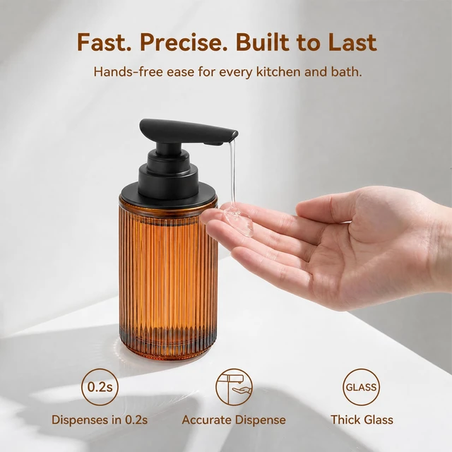 Alt view image 4 of 7 - Automatic Touchless Liquid Soap Dispenser Amber Glass | Rechargeable Type C with Matte Black Pump for Hand and Dish Soap 12 oz Kitchen and Bathroom Countertop