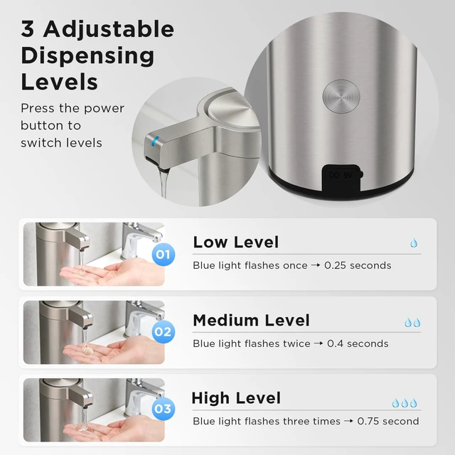 Alt view image 2 of 7 - Automatic Soap Dispenser, Touchless, 9 oz, Stainless Steel | 3 Adjustable Dispensing Modes, Rechargeable, Fast Sensor, Hand Soap Dispenser for Dish Bathroom