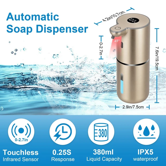 Alt view image 2 of 7 - Automatic Liquid Soap Dispenser Touchless, USB Rechargeable Smart Hand Soap Dispenser, 6-Level Adjustable, 12.8oz/380mL Wall Mounted for Bathroom Kitchen Accessories Dish Soap-Gold