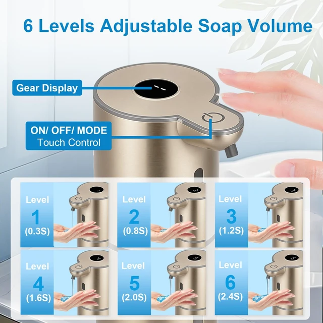 Alt view image 3 of 7 - Automatic Liquid Soap Dispenser Touchless, USB Rechargeable Smart Hand Soap Dispenser, 6-Level Adjustable, 12.8oz/380mL Wall Mounted for Bathroom Kitchen Accessories Dish Soap-Gold