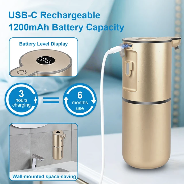 Alt view image 5 of 7 - Automatic Liquid Soap Dispenser Touchless, USB Rechargeable Smart Hand Soap Dispenser, 6-Level Adjustable, 12.8oz/380mL Wall Mounted for Bathroom Kitchen Accessories Dish Soap-Gold