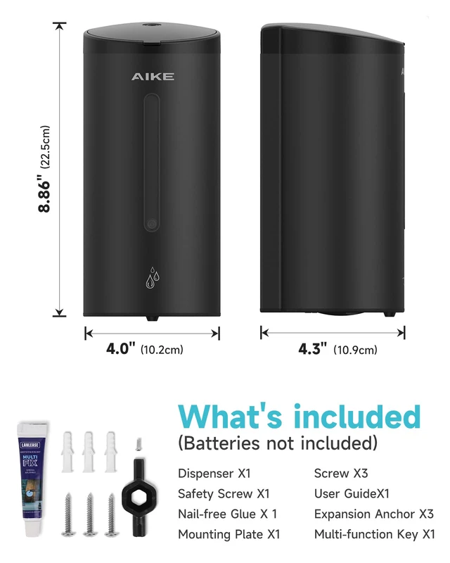 Alt view image 7 of 7 - Classic Automatic Soap Dispenser,25oz for Bathroom,Matteblack AK1205E | 5-Level Adjustable and Savety Key for Commercial(4*AA Batteries Not Included),No-drill and Screw Wall Mount for Space-Saving