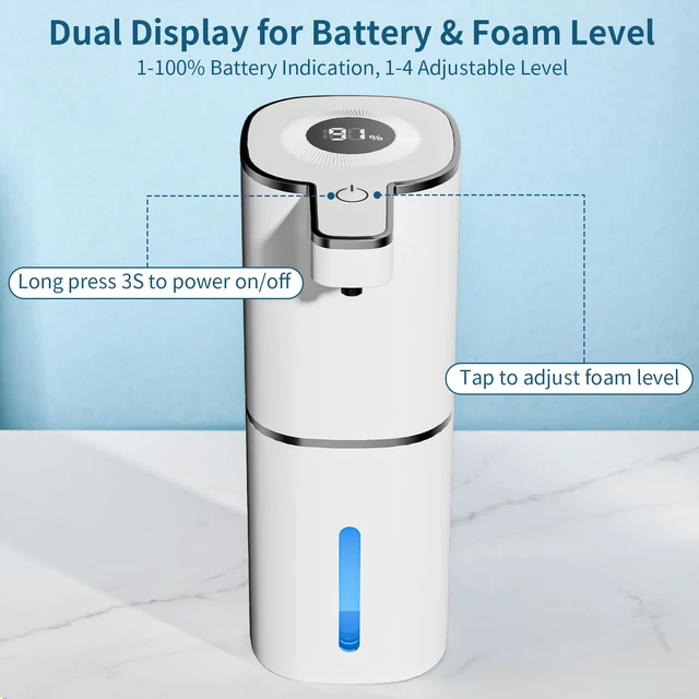 Alt view image 2 of 7 - 2 Pack Automatic Foaming Soap Dispenser Touchless, Digital Display, 14.2oz | 4-Level Adjustable, USB-C Rechargeable, IPX5 Waterproof, Wall Mount Soap Dispenser for Bathroom Kitchen Dish and Hand Soap