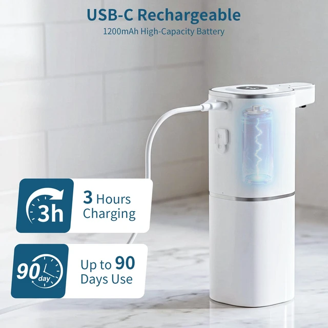 Alt view image 3 of 7 - 2 Pack Automatic Foaming Soap Dispenser Touchless, Digital Display, 14.2oz | 4-Level Adjustable, USB-C Rechargeable, IPX5 Waterproof, Wall Mount Soap Dispenser for Bathroom Kitchen Dish and Hand Soap