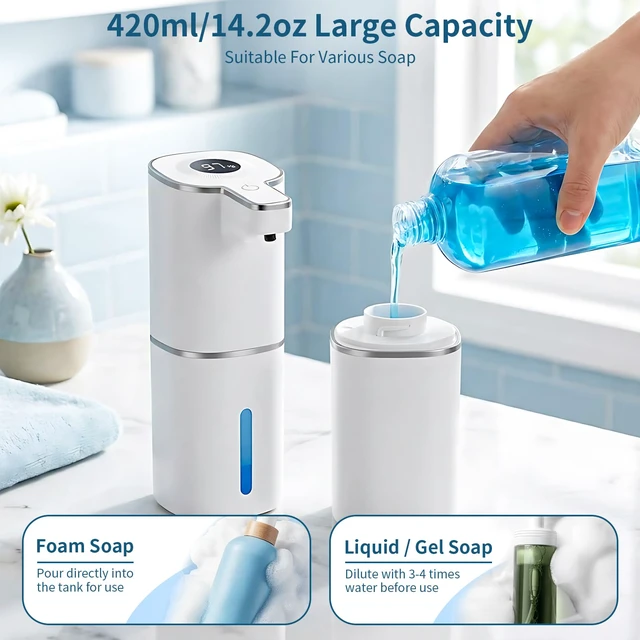 Alt view image 4 of 7 - 2 Pack Automatic Foaming Soap Dispenser Touchless, Digital Display, 14.2oz | 4-Level Adjustable, USB-C Rechargeable, IPX5 Waterproof, Wall Mount Soap Dispenser for Bathroom Kitchen Dish and Hand Soap