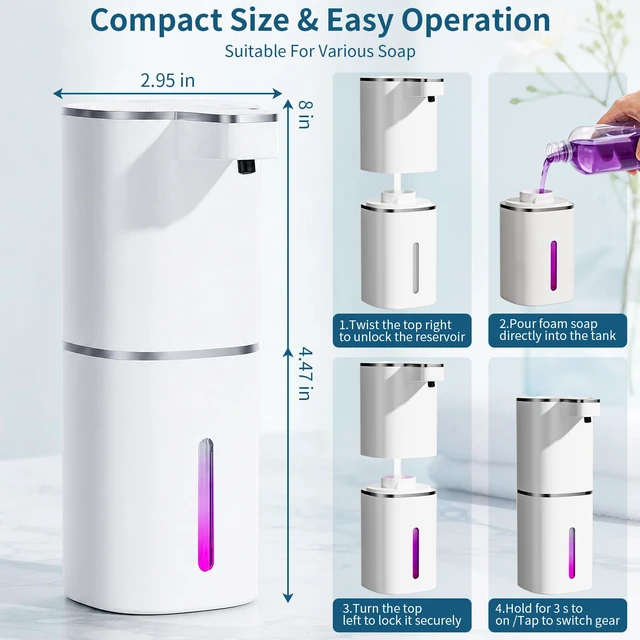 Alt view image 7 of 7 - 2 Pack Automatic Foaming Soap Dispenser Touchless, Digital Display, 14.2oz | 4-Level Adjustable, USB-C Rechargeable, IPX5 Waterproof, Wall Mount Soap Dispenser for Bathroom Kitchen Dish and Hand Soap
