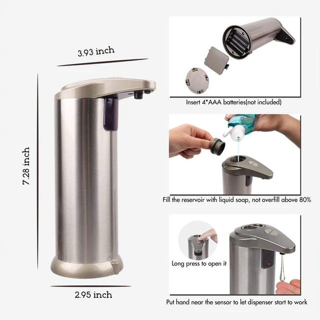 Alt view image 5 of 7 - Automatic Soap Dispenser with Infrared Motion Sensor, Touchless Stainless Steel Liquid Soap Dispenser for Kitchen & Bathroom, Waterproof Base, Refillable, Hands-Free Operation
