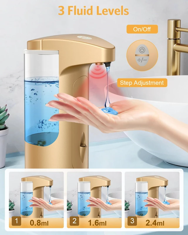 Alt view image 3 of 7 - 2 Pack Automatic Soap Dispenser for Bathroom Kitchen Home, Gold | 370ml Touchless Dish Soap Dispenser with Infrared Sensor, Battery Operated, 3 Dispensing Levels, Liquid Dispenser