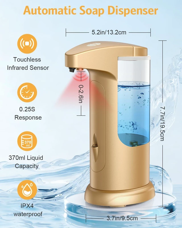 Alt view image 2 of 7 - 2 Pack Automatic Soap Dispenser for Bathroom Kitchen Home, Gold | 370ml Touchless Dish Soap Dispenser with Infrared Sensor, Battery Operated, 3 Dispensing Levels, Liquid Dispenser