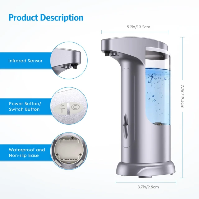 Alt view image 2 of 7 - 12.5oz Touchless Automatic Soap Dispenser, Battery Operated Automatic Liquid Hand Soap Dispenser, Adjustable Volume, Water-Resistant for Kitchen and Bathroom