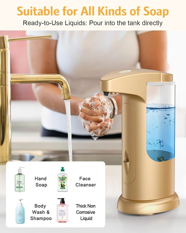 Alt view image 4 of 7 - 2 Pack Automatic Soap Dispenser for Bathroom Kitchen Home, Gold | 370ml Touchless Dish Soap Dispenser with Infrared Sensor, Battery Operated, 3 Dispensing Levels, Liquid Dispenser