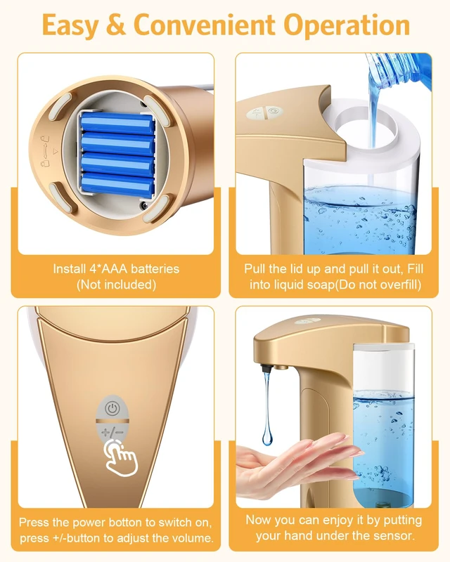 Alt view image 6 of 7 - 2 Pack Automatic Soap Dispenser for Bathroom Kitchen Home, Gold | 370ml Touchless Dish Soap Dispenser with Infrared Sensor, Battery Operated, 3 Dispensing Levels, Liquid Dispenser