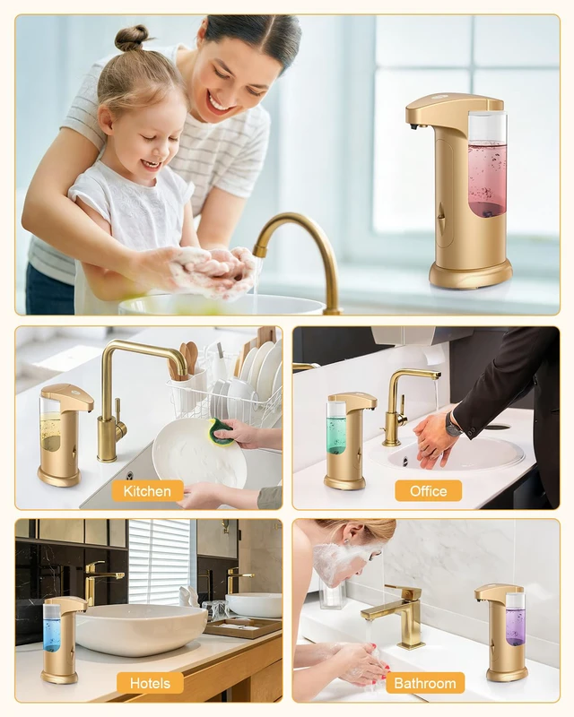 Alt view image 5 of 7 - 2 Pack Automatic Soap Dispenser for Bathroom Kitchen Home, Gold | 370ml Touchless Dish Soap Dispenser with Infrared Sensor, Battery Operated, 3 Dispensing Levels, Liquid Dispenser