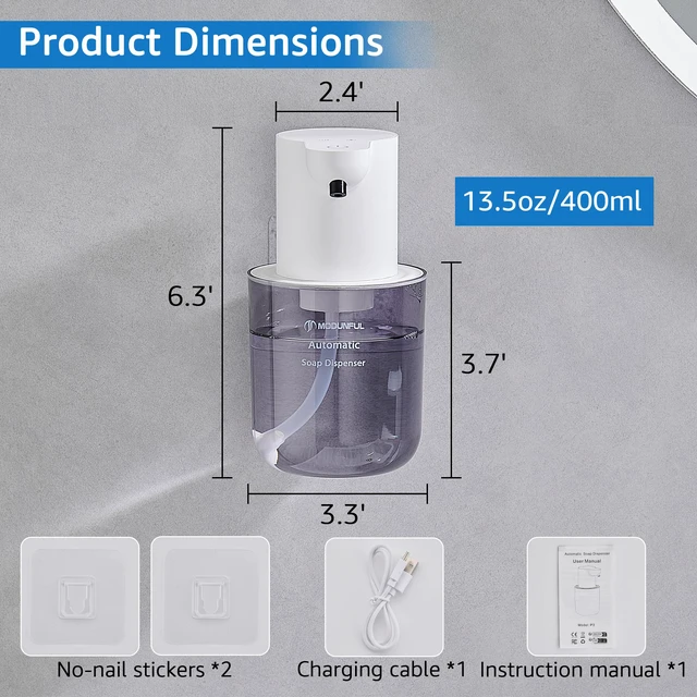 Alt view image 3 of 7 - Automatic Soap Dispenser for Kitchen Sink - Wall-Mount & Countertop White | 4-Level Adjustable,13.5oz Clear Plastic IPX5 Rechargeable, Suitable for Bathroom