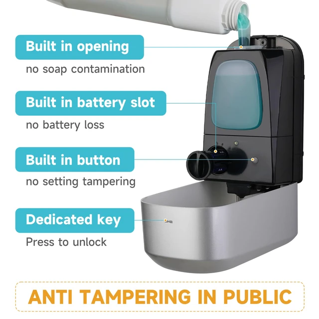 Alt view image 3 of 7 - Liquid Automatic Soap Dispenser,33.8oz Capacity for Bathroom,Silver | 5-Level Adjustable and Savety Key for Commercial(4*AA Batteries Not Included),Screw Wall Mount for Space-Saving,AK1226S