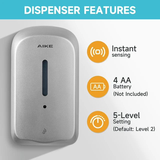 Alt view image 5 of 7 - Liquid Automatic Soap Dispenser,33.8oz Capacity for Bathroom,Silver | 5-Level Adjustable and Savety Key for Commercial(4*AA Batteries Not Included),Screw Wall Mount for Space-Saving,AK1226S