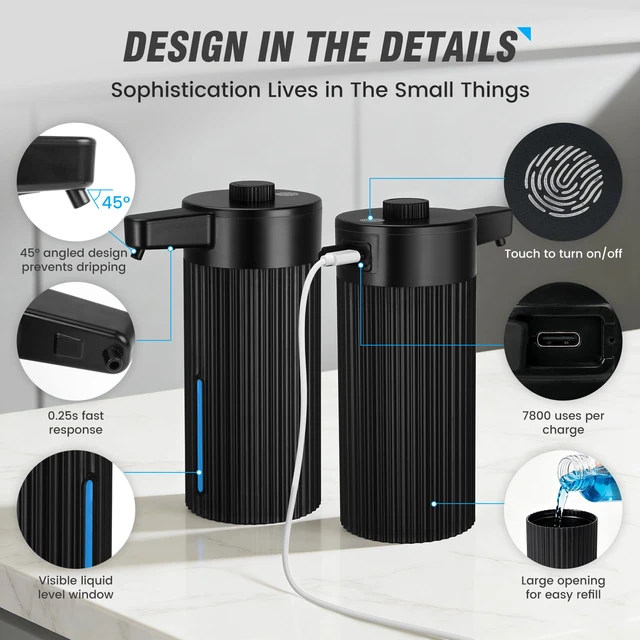 Alt view image 5 of 7 - Automatic Soap Dispenser Touchless Rechargeable Liquid Soap Pump | 13.5 oz Hand Dish Soap Dispenser for Kitchen Sink Bathroom Countertop, Rotary Dosing Control, Black