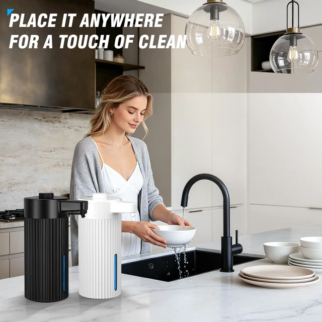 Alt view image 7 of 7 - Automatic Soap Dispenser Touchless Rechargeable Liquid Soap Pump | 13.5 oz Hand Dish Soap Dispenser for Kitchen Sink Bathroom Countertop, Rotary Dosing Control, Black