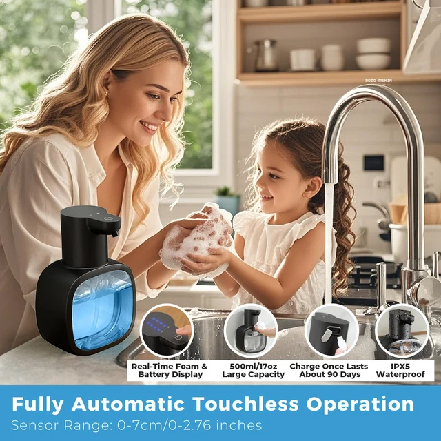 Alt view image 2 of 7 - Automatic Liquid Soap Dispenser, 17oz/500ml Touchless Rechargeable with 4-Level Adjustable & IPX5 Waterproof - Level Display for Wall/Tabletop Use in Bathroom, Kitchen, Black
