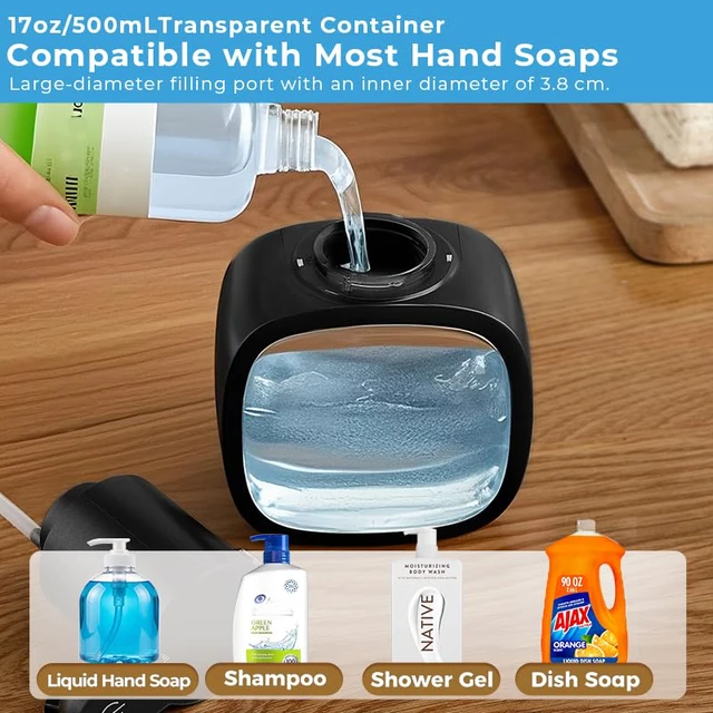 Alt view image 4 of 7 - Automatic Liquid Soap Dispenser, 17oz/500ml Touchless Rechargeable with 4-Level Adjustable & IPX5 Waterproof - Level Display for Wall/Tabletop Use in Bathroom, Kitchen, Black