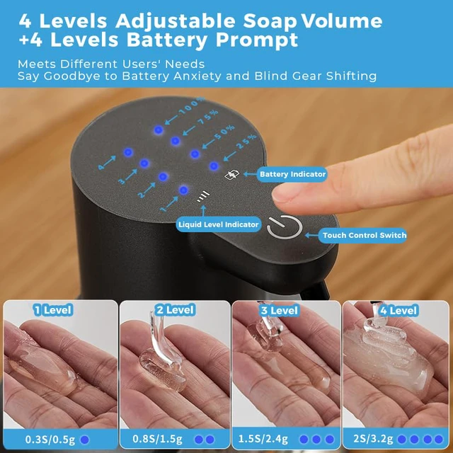 Alt view image 3 of 7 - Automatic Liquid Soap Dispenser, 17oz/500ml Touchless Rechargeable with 4-Level Adjustable & IPX5 Waterproof - Level Display for Wall/Tabletop Use in Bathroom, Kitchen, Black