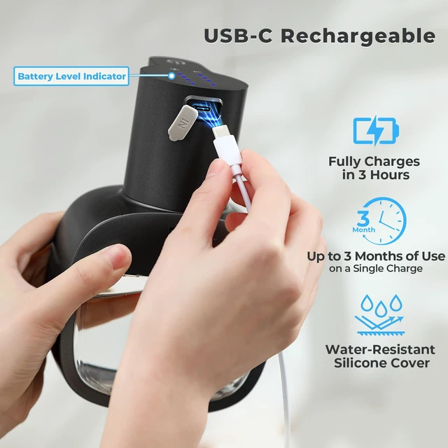 Alt view image 5 of 7 - Automatic Liquid Soap Dispenser, 17oz/500ml Touchless Rechargeable with 4-Level Adjustable & IPX5 Waterproof - Level Display for Wall/Tabletop Use in Bathroom, Kitchen, Black
