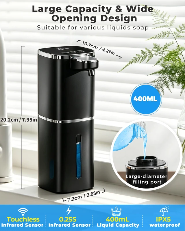 Alt view image 2 of 7 - Automatic Foaming Soap Dispenser, Touchless Rechargeable | 13.5oz/400mL, with 9 Foam Levels, IPX5 Waterproof, Hands Free for Kitchen Sink & Bathroom