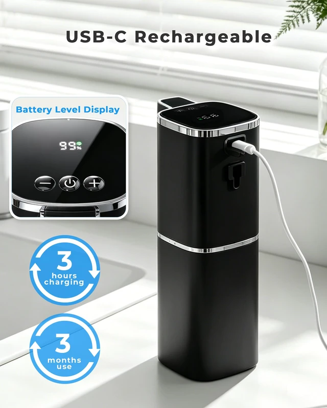 Alt view image 5 of 7 - Automatic Foaming Soap Dispenser, Touchless Rechargeable | 13.5oz/400mL, with 9 Foam Levels, IPX5 Waterproof, Hands Free for Kitchen Sink & Bathroom