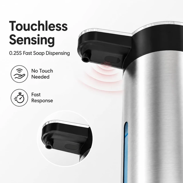 Alt view image 2 of 7 - Automatic Foaming Soap Dispenser Touchless, Stainless Steel (Black, Foam) | USB Rechargeable, 4 Adjustable Levels, 13.5 oz (400 ml), IPX5 Water-Resistant Hand Soap Dispenser for Kitchen & Bathroom