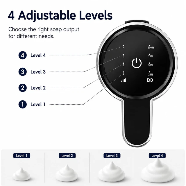 Alt view image 4 of 7 - Automatic Foaming Soap Dispenser Touchless, Stainless Steel (Black, Foam) | USB Rechargeable, 4 Adjustable Levels, 13.5 oz (400 ml), IPX5 Water-Resistant Hand Soap Dispenser for Kitchen & Bathroom