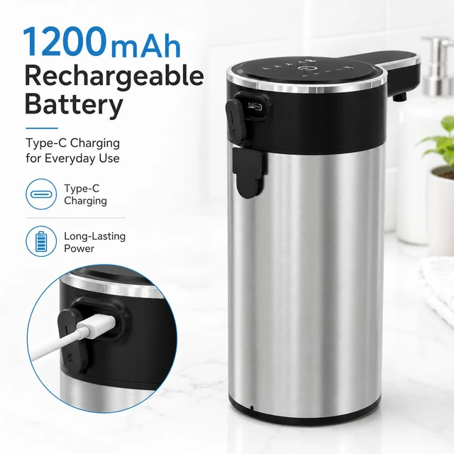 Alt view image 5 of 7 - Automatic Foaming Soap Dispenser Touchless, Stainless Steel (Black, Foam) | USB Rechargeable, 4 Adjustable Levels, 13.5 oz (400 ml), IPX5 Water-Resistant Hand Soap Dispenser for Kitchen & Bathroom