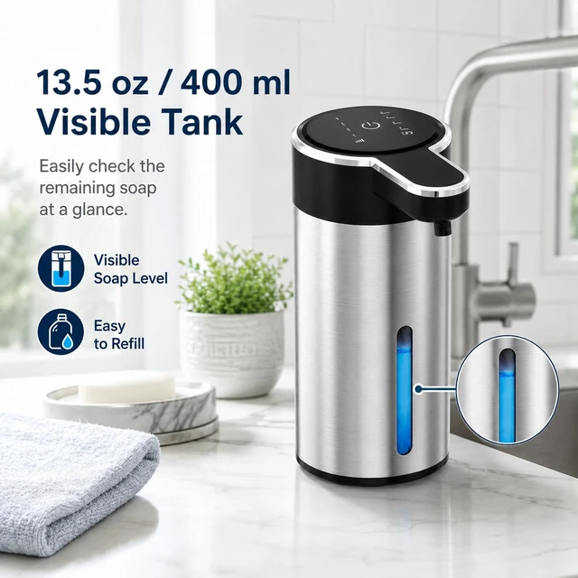 Alt view image 6 of 7 - Automatic Foaming Soap Dispenser Touchless, Stainless Steel (Black, Foam) | USB Rechargeable, 4 Adjustable Levels, 13.5 oz (400 ml), IPX5 Water-Resistant Hand Soap Dispenser for Kitchen & Bathroom