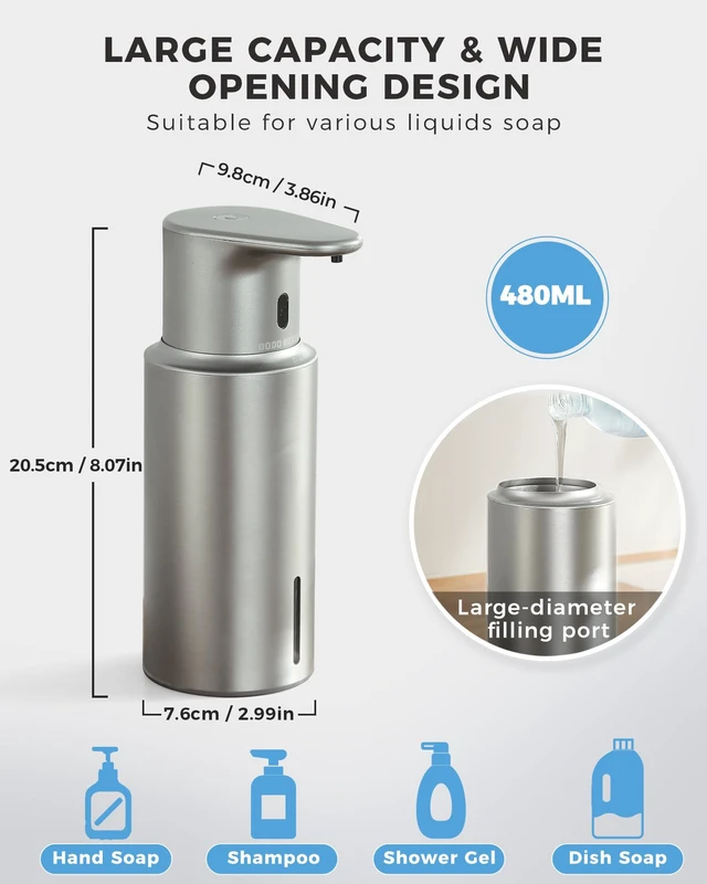 Alt view image 2 of 7 - Automatic Liquid Soap Dispenser Touchless, 304 Stainless Steel Bottle Body | 16.2oz/480ml Rechargeable Dish Soap Dispenser, 3 Adjustable Liquid Levels, IPX7 Waterproof, for Kitchen Bathroom