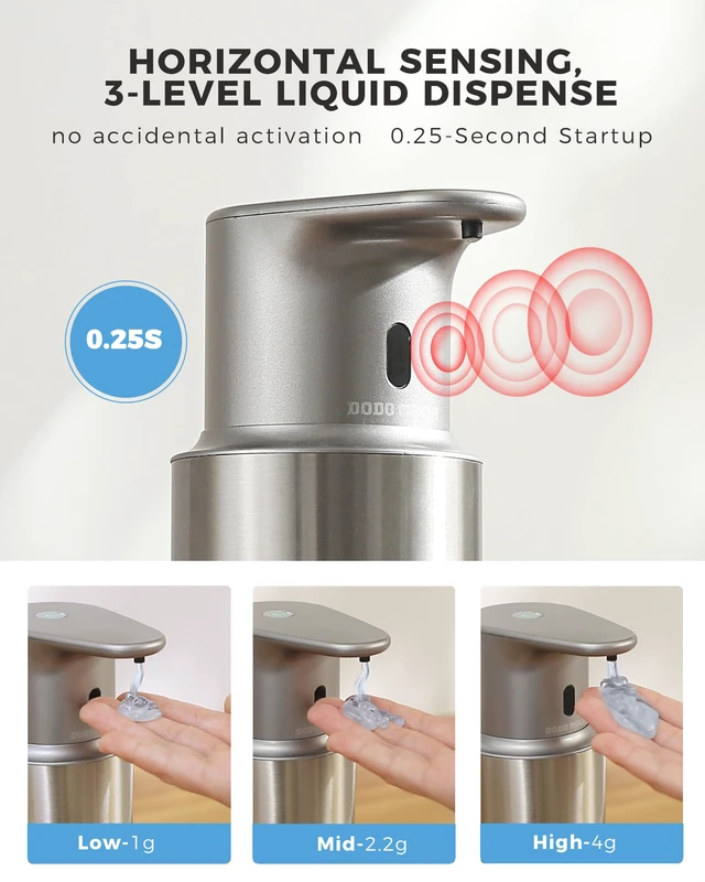 Alt view image 3 of 7 - Automatic Liquid Soap Dispenser Touchless, 304 Stainless Steel Bottle Body | 16.2oz/480ml Rechargeable Dish Soap Dispenser, 3 Adjustable Liquid Levels, IPX7 Waterproof, for Kitchen Bathroom