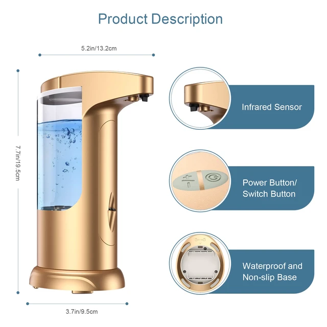 Alt view image 6 of 7 - 370ml Touch-Free Battery Operated Electric Automatic Liquid Soap Dispenser - Adjustable Soap Dispensing Volume - Premium Soap Dispenser for Kitchen Bathroom Toilet (Golden)