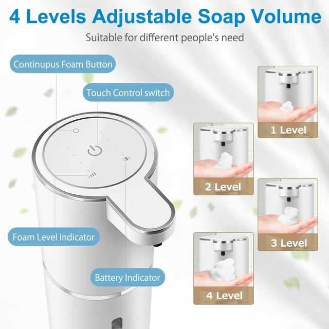 Alt view image 3 of 6 - Automatic Foaming Soap Dispenser, 4-Level Adjustable Foam, Wall Mount | USB Rechargeable, 12.8oz/380ml, Touchless Hand & Dish Foam Soap Dispenser for Bathroom, Kitchen, Hotel, Restaurant, School