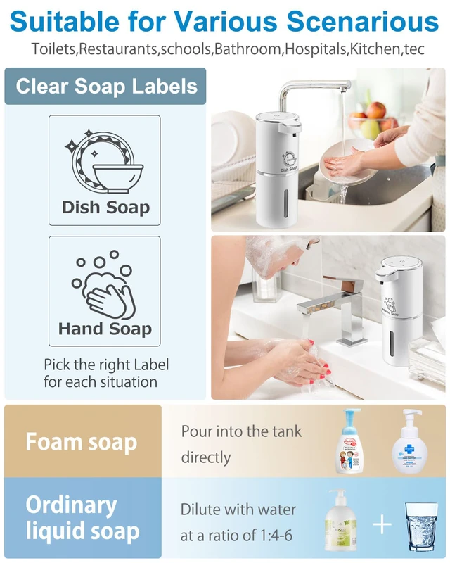 Alt view image 6 of 6 - Automatic Foaming Soap Dispenser, 4-Level Adjustable Foam, Wall Mount | USB Rechargeable, 12.8oz/380ml, Touchless Hand & Dish Foam Soap Dispenser for Bathroom, Kitchen, Hotel, Restaurant, School