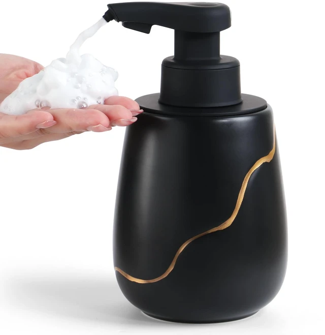 Main image of Rechargeable Auto Touchless Foam Soap Dispenser 17oz Ceramic | With Elegant Golden Curved Line.With Waterproof Pump,Touch-Free Sensing.17oz Dish Soap For Kitchen And BathroomBlack