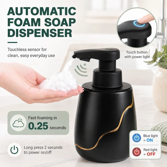Alt view image 2 of 7 - Rechargeable Auto Touchless Foam Soap Dispenser 17oz Ceramic | With Elegant Golden Curved Line.With Waterproof Pump,Touch-Free Sensing.17oz Dish Soap For Kitchen And BathroomBlack