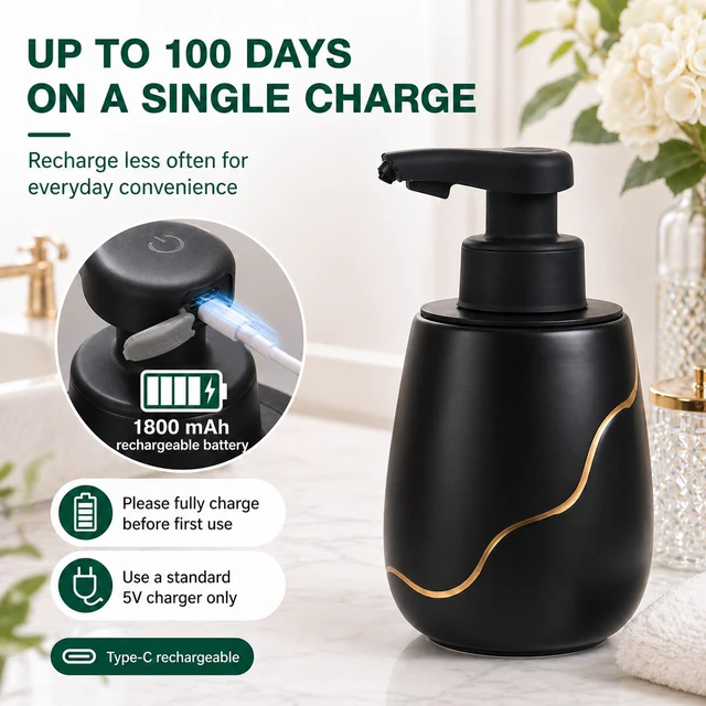 Alt view image 3 of 7 - Rechargeable Auto Touchless Foam Soap Dispenser 17oz Ceramic | With Elegant Golden Curved Line.With Waterproof Pump,Touch-Free Sensing.17oz Dish Soap For Kitchen And BathroomBlack