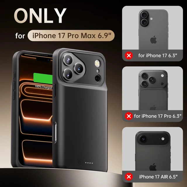 Alt view image 2 of 7 - Battery Case for iPhone 17 Pro Max, Charging Case Charger 8500mAh Ultra-Slim Lightweight Powerful Battery Pack 15W Fast Rechargeable Anti-Fall TPU Juice Box for 17 Pro Max (6.9") Black